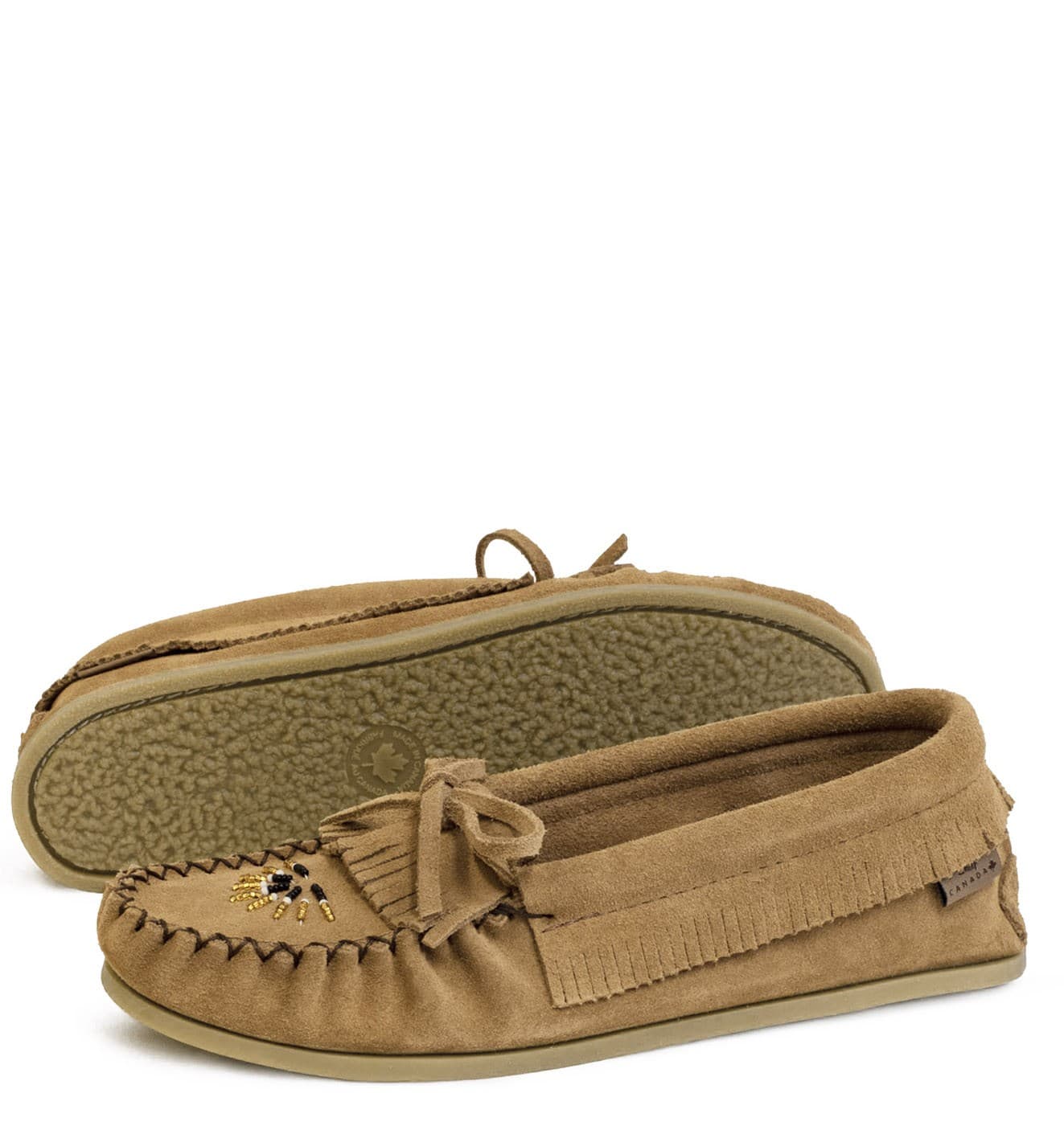 Moccasins, fringed, fringed flap, insole, beaded, crepex natural sole