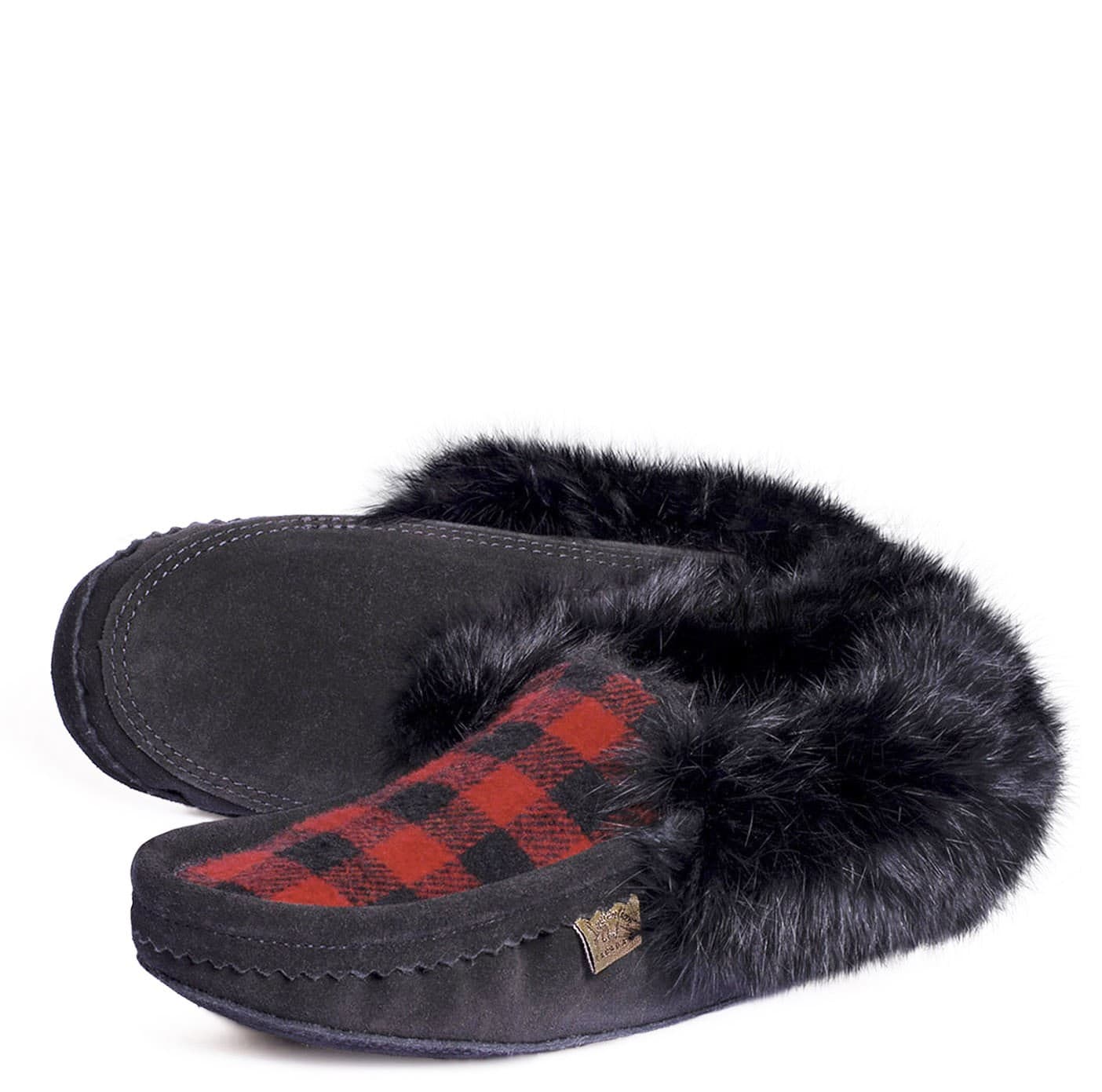 Pantoufle Collet Fourrure, Orlon noir, dessus Polar, Semelle Double