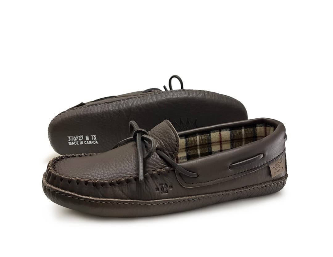 Moccasin Slippers with Plaid Insole Lining, Comfortable Shoes, Single Lacing, Durable Leather Sole